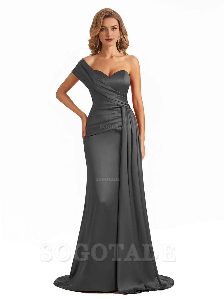 Elegant One Shoulder Soft Satin Long Mermaid Bridesmaid Dresses Online prom shop dresses ﻿