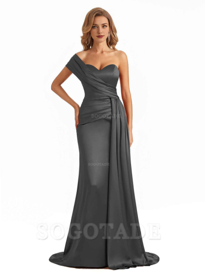 Elegant One Shoulder Soft Satin Long Mermaid Bridesmaid Dresses Online prom shop dresses ﻿