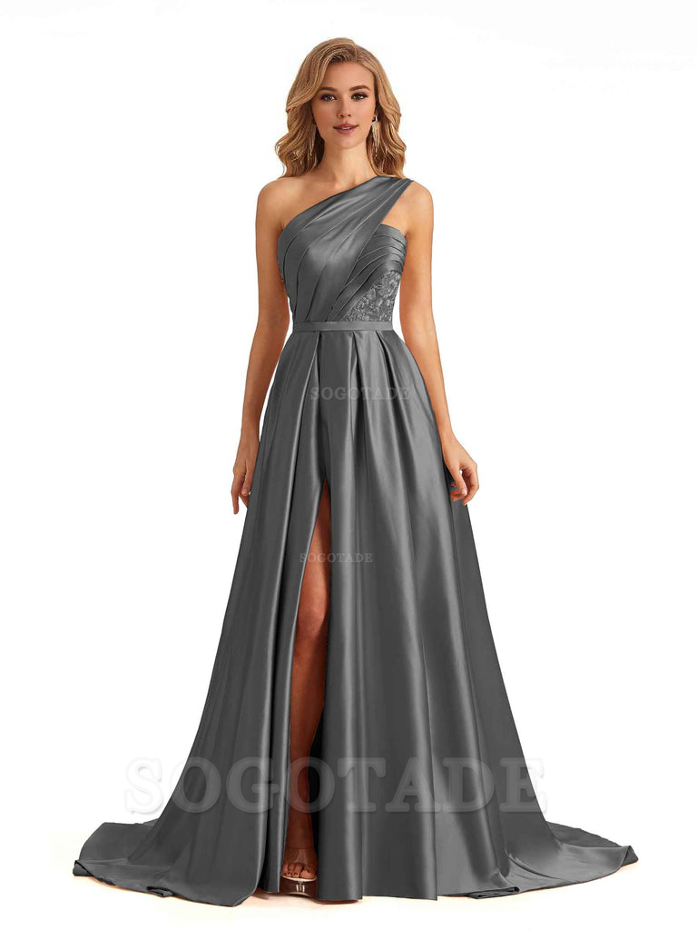 Sexy Side Slit One Shoulder A-Line Soft Satin Long Bridesmaid Dresses Online prom dress in store
