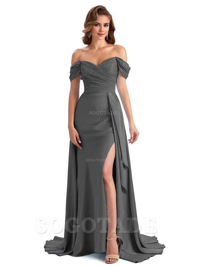 Sexy Side Slit Mermaid Soft Satin Off The Shoulder Long Unique Bridesmaid Dresses prom dress in store