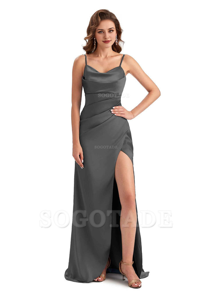 Soft Satin Side Slit Spaghetti Straps Sexy Wedding Bridesmaid Dresses