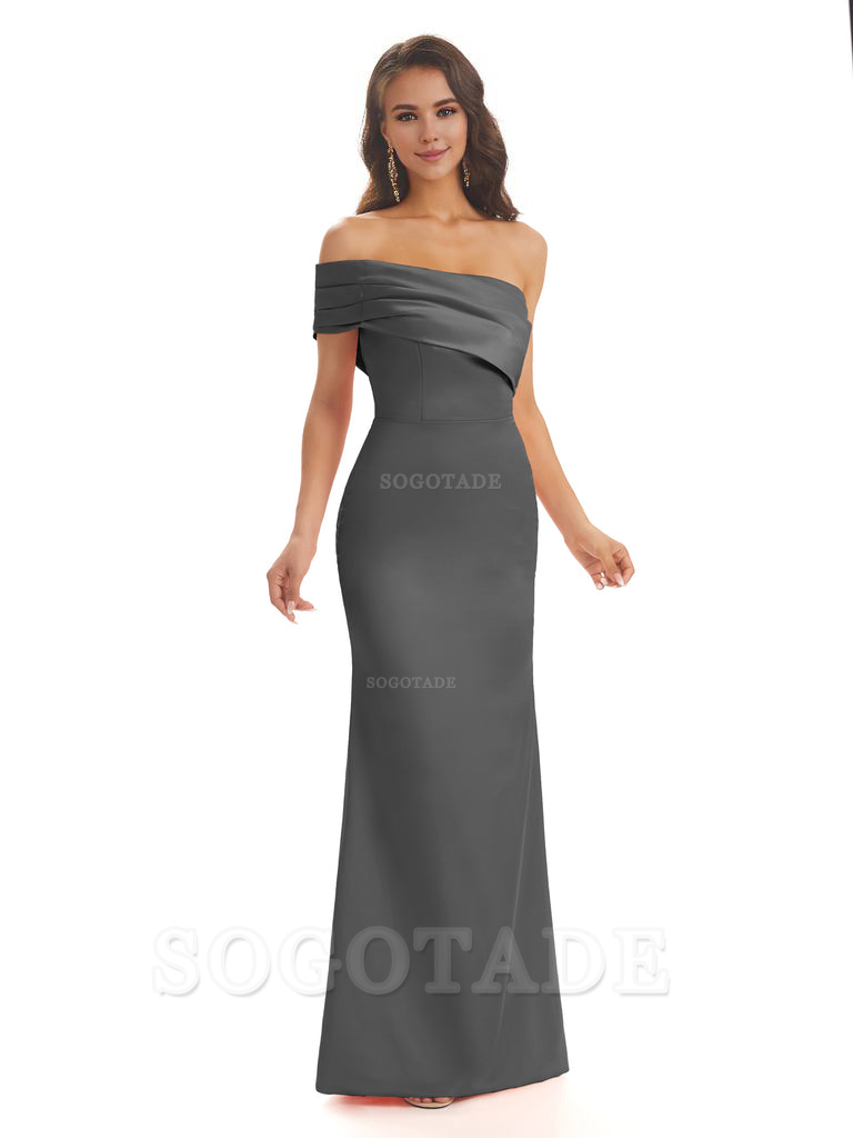 Soft Satin Sexy Side Slit One Shoulder Long Mermaid Bridesmaid Dresses Online prom dress in store