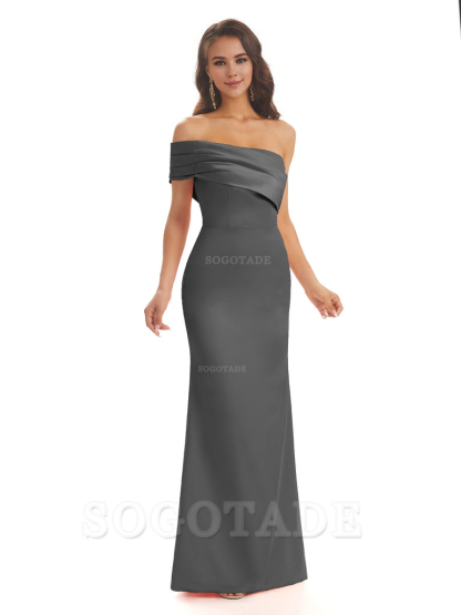 Soft Satin Sexy Side Slit One Shoulder Long Mermaid Bridesmaid Dresses Online prom dress in store