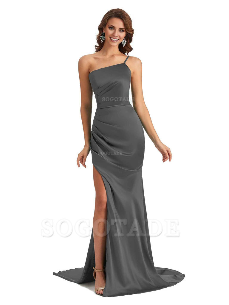 Sexy Silky Satin Side Slit One Shoulder Unique Long Wedding Guest Maxi Dresses