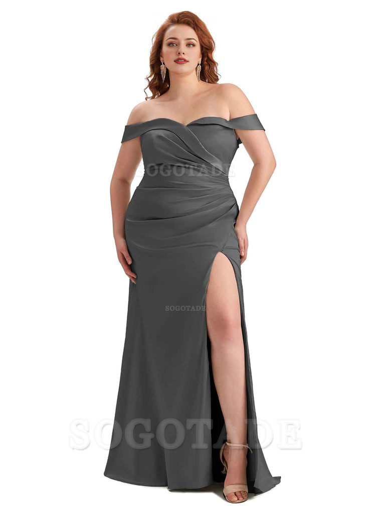 Sexy Side Slit Off Shoulder Mermaid Soft Satin Long Plus Size Bridesmaid Gowns For Wedding