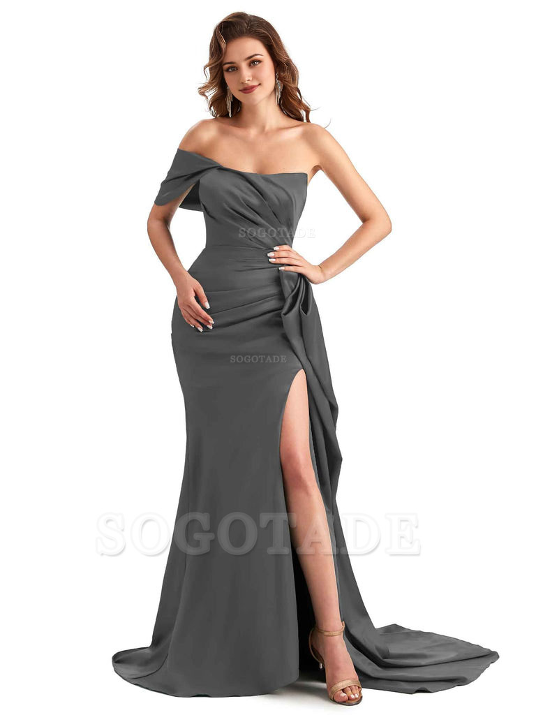 Sexy Side Slit Mermaid Silky Satin One Shoulder Chic Long Maid Of Honor Dresses