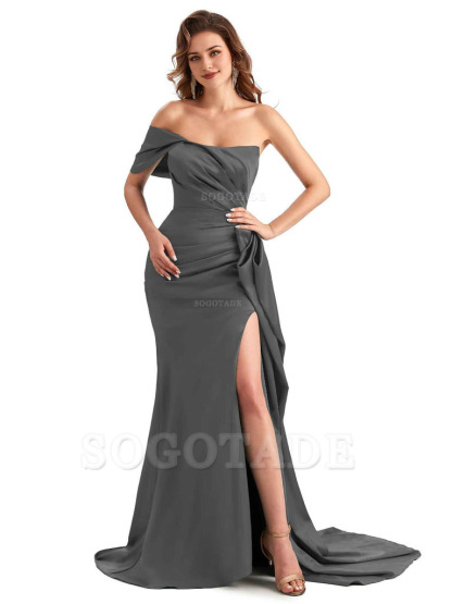 Sexy Side Slit Mermaid Silky Satin One Shoulder Chic Long Maid Of Honor Dresses