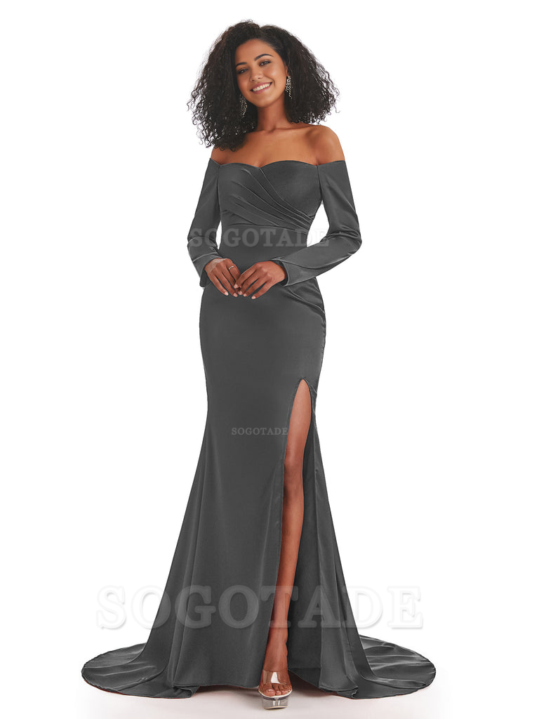 Mermaid Long Sleeve Satin formal dresses evening gown Bridesmaid Dresses With Side Slit 