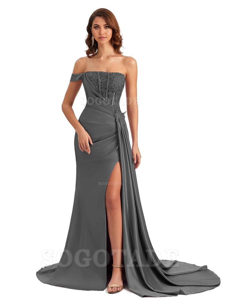 Mermaid Off Shoulder Applique formal dresses evening gown Bridesmaid Dresses With Side Slit 