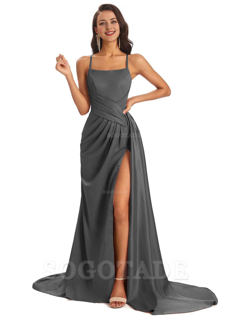 Sexy Soft Satin Side Slit Spaghetti Straps Long Maxi Bridesmaid Dresses prom shop dresses