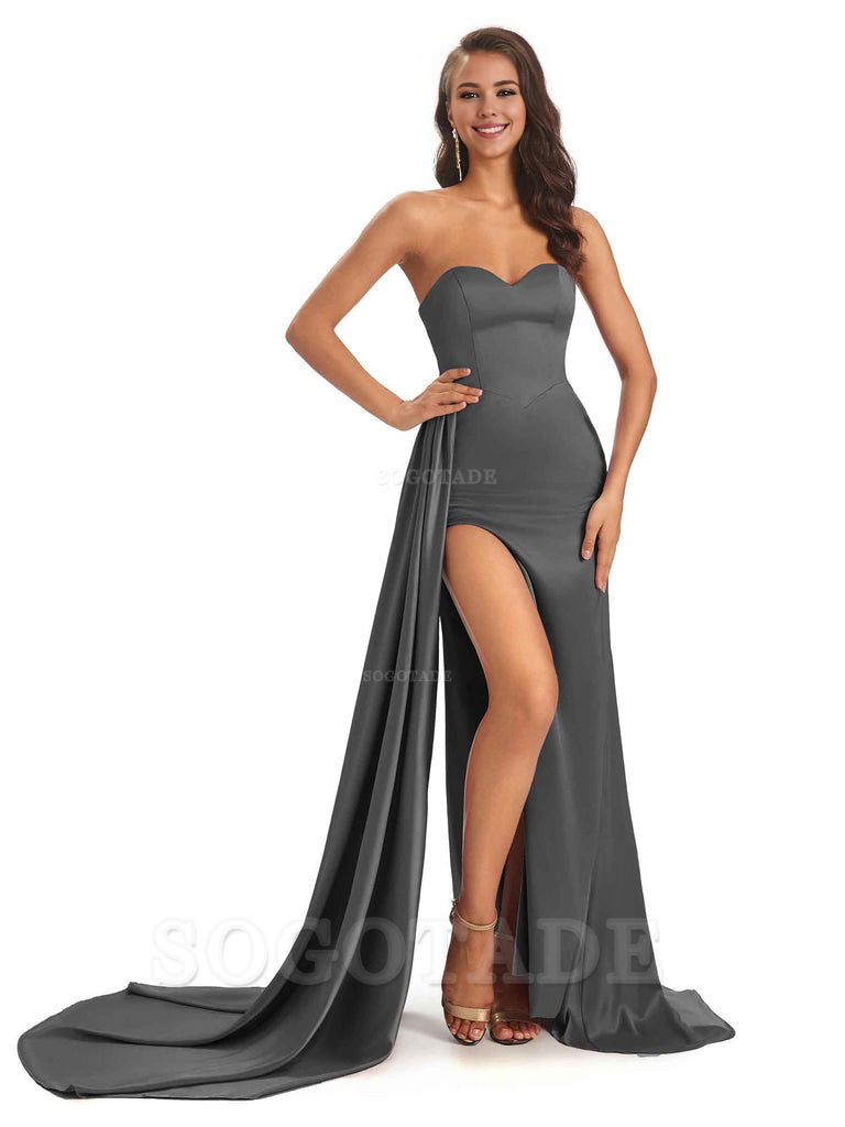 Sexy Soft Satin Sweetheart Side-Slit Unique Long Mermaid Bridesmaid Dresses prom shop dresses