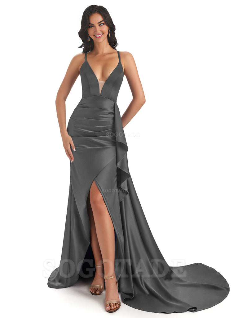 Sexy Spaghetti Straps Soft Satin Side Slit Pleats Unique Mermaid Bridesmaid Dresses prom shop dresses ﻿
