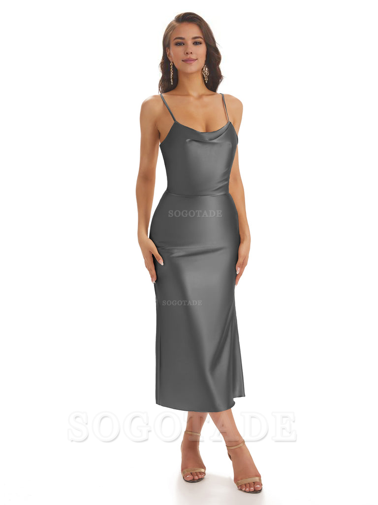 Sexy Soft Satin Spaghetti Strap Tea-Length Midi Short Bridesmaid Dresses prom shop dresses