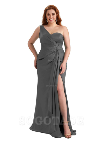  Sexy One Shoulder Side Hight Slit Mermaid Satin Floor Length Long Plus Size Bridesmaid Dress For Wedding