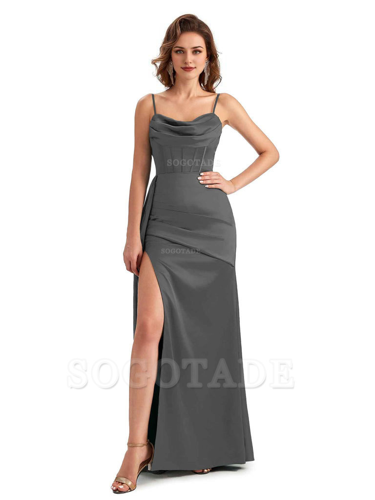 Sexy Side Slit Mermaid Silky Satin Spaghetti Straps Unique Wedding Guest Dresses