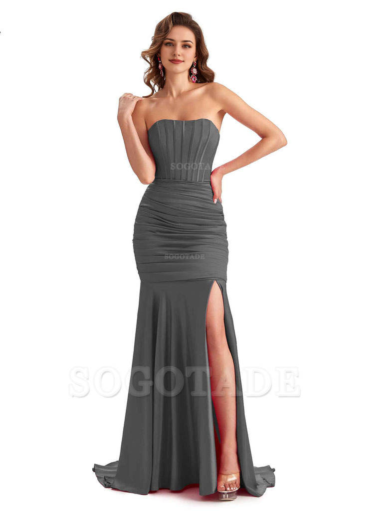 Sexy Strapless Side Slit Mermaid Silky Satin Formal Bridesmaid Dresses