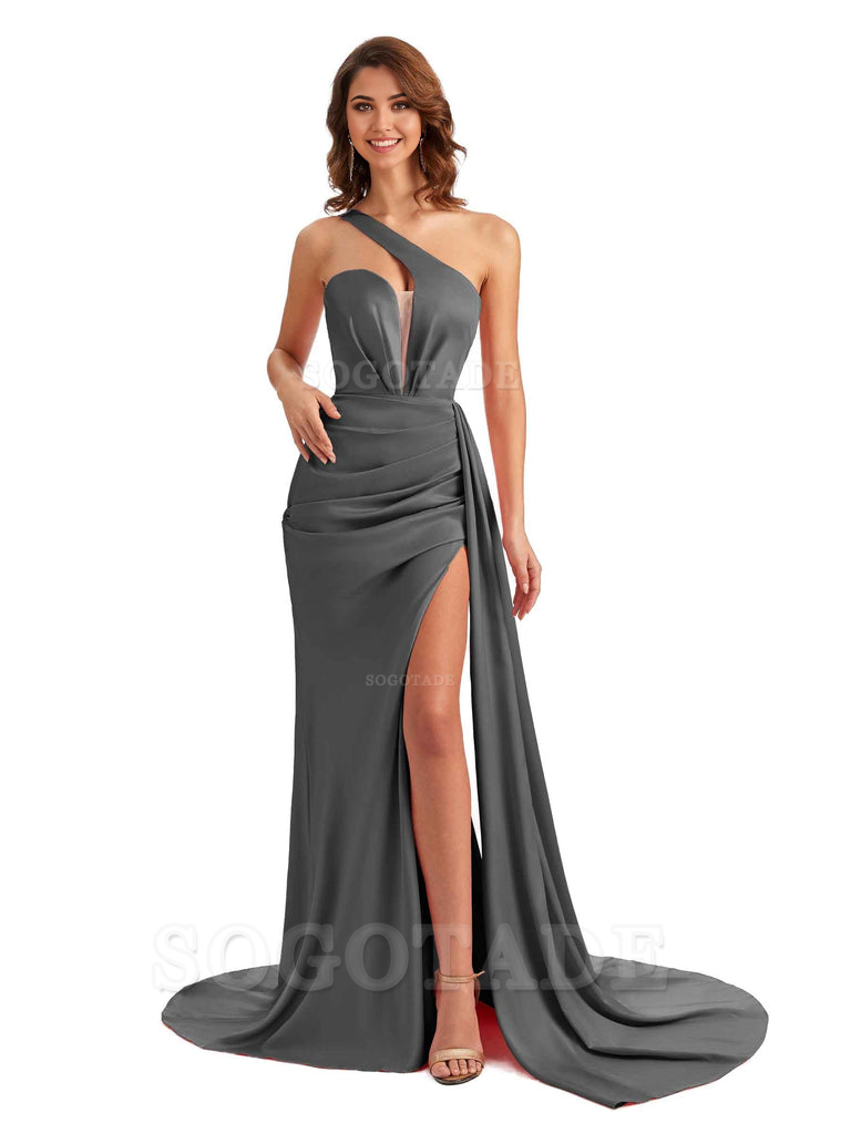 Mermaid One Shoulder Satin formal dresses evening gown Bridesmaid Dresses With Side Slit