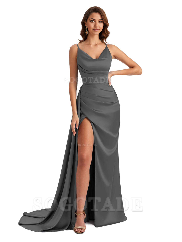 Mermaid Cowl Spaghetti Satin formal dresses evening gown Bridesmaid Dresses With Side Slit