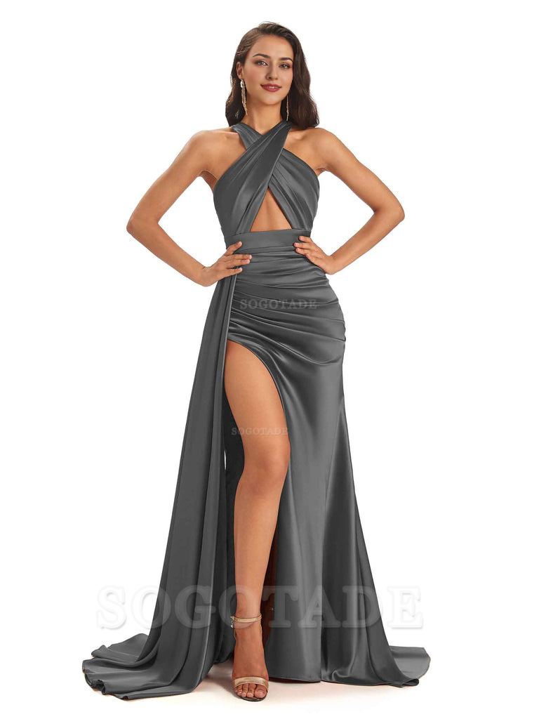 Sexy Soft Satin Halter Side Slit Floor-Length Maxi Mermaid Bridesmaid Dresses Online prom dress shop ﻿