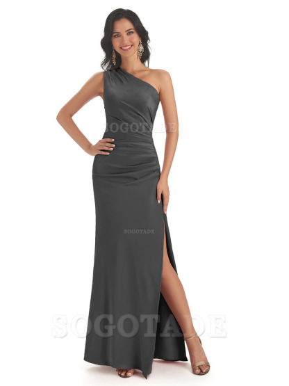 Mermaid One Shoulder Satin formal dresses evening gown Bridesmaid Dresses With Side Slit 