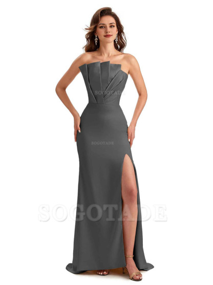 Unique Soft Satin Side Slit Asymmetrical Neckline Mermaid Long Bridesmaid Dresses