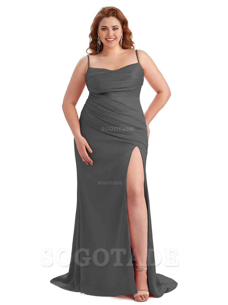 Sexy Side Slit Spaghetti Straps Mermaid Soft Satin Long Plus Size Bridesmaid Dress For Wedding