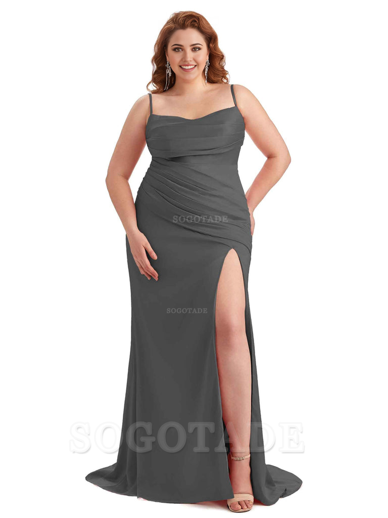 Sexy Side Slit Spaghetti Straps Mermaid Soft Satin Long Plus Size Bridesmaid Dress For Wedding