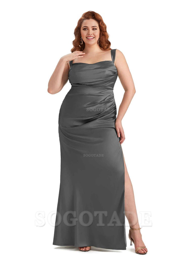 Sexy Side Slit Mermaid Wide Straps Soft Satin Long Plus Size Maid of Bridesmaid Dresses