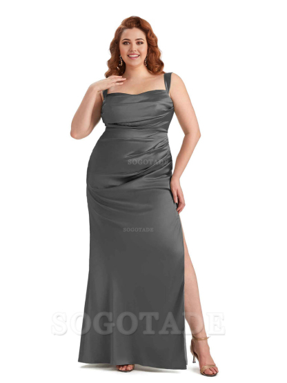 Sexy Side Slit Mermaid Wide Straps Soft Satin Long Plus Size Maid of Bridesmaid Dresses