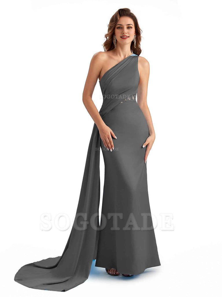 Sexy Mermaid Silky Satin One Shoulder Lace See Through Long Bridesmaid Dresses Online