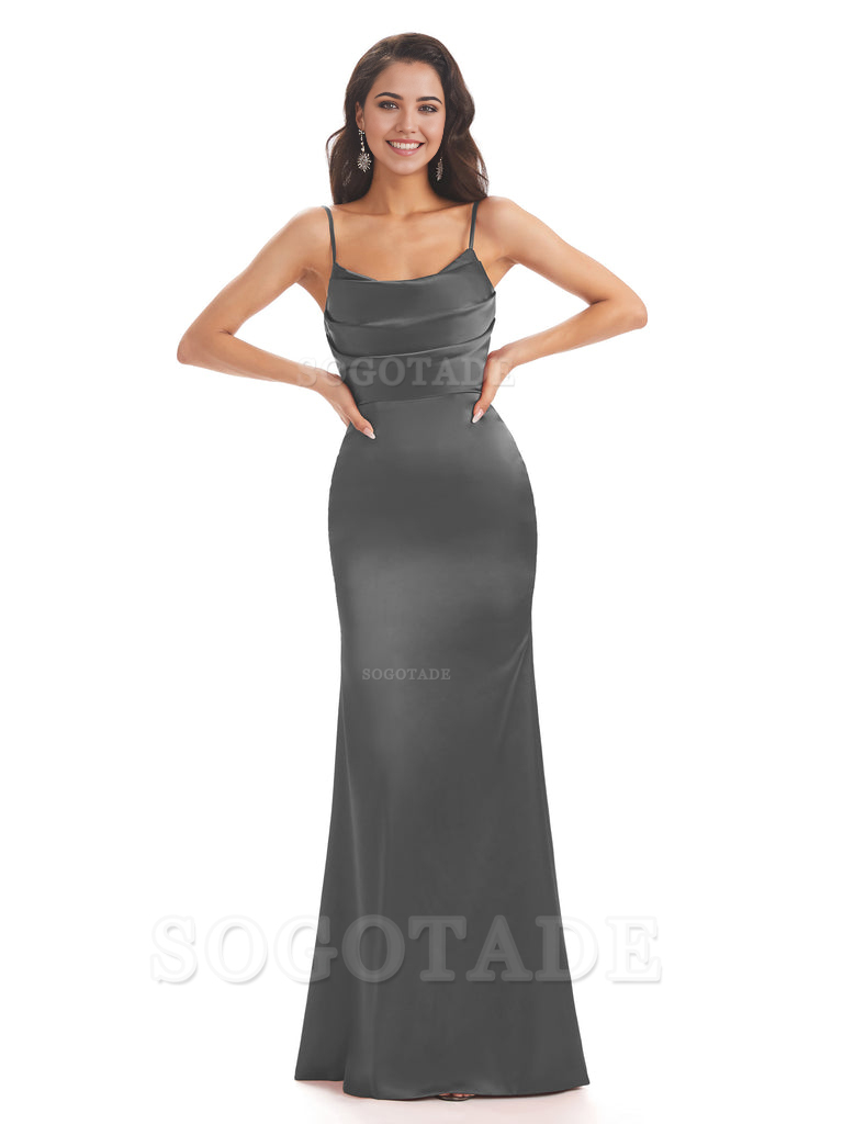 Mermaid Spaghetti Straps Satin formal dresses evening gown Bridesmaid Dresses With Side Slit 