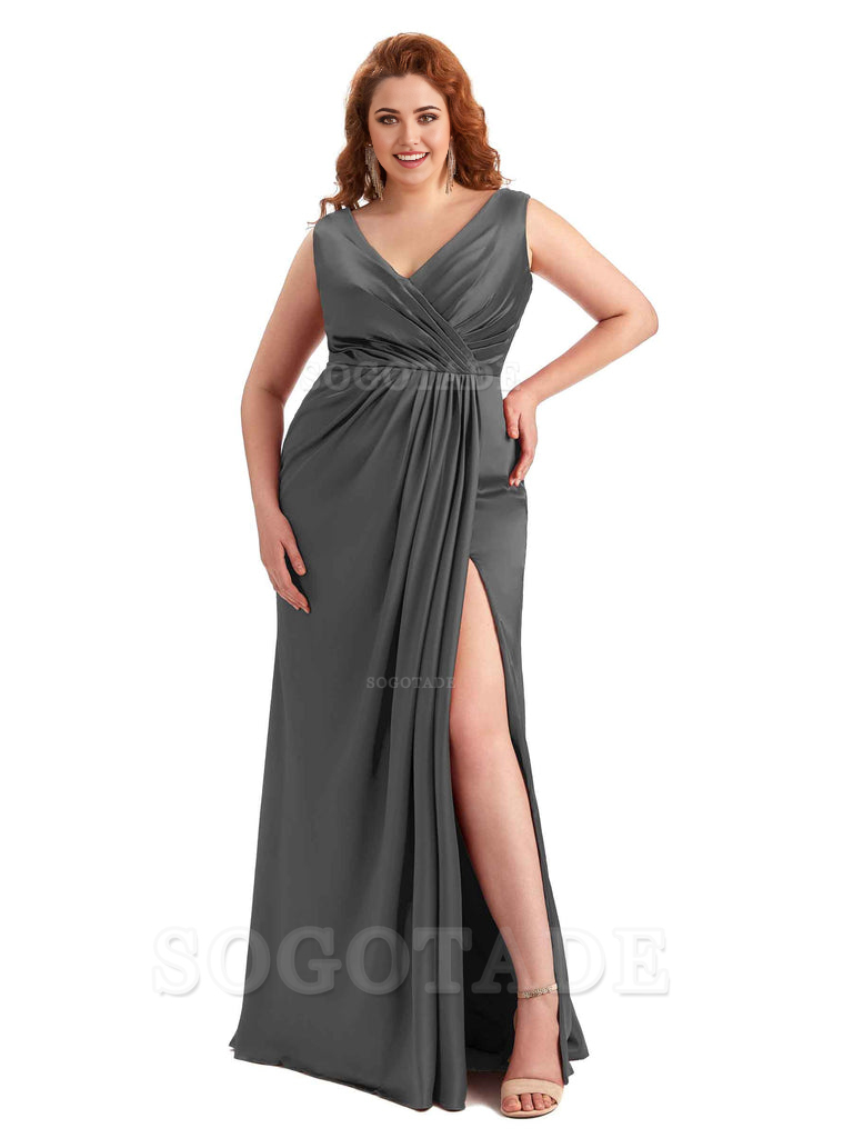 Mermaid V-Neck Satin formal dresses evening gown Bridesmaid Dresses With Side Slit 