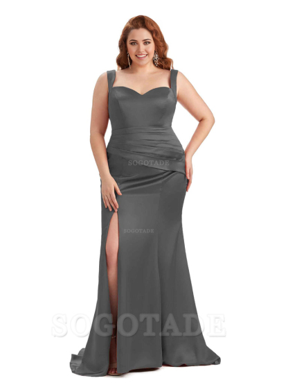 Sexy Side Slit Sleeveless Mermaid Straps Soft Satin Long Plus Size Maid of Bridesmaid Dresses