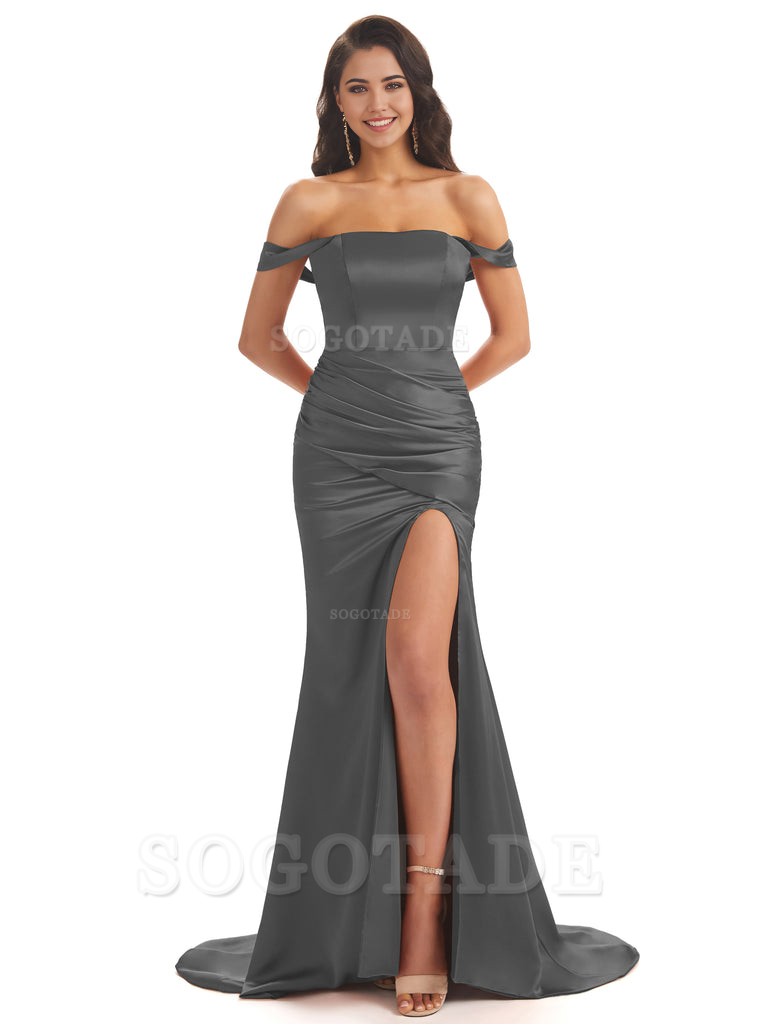 Mermaid Off Shoulder Floor-Length Satin formal dresses evening gown Bridesmaid Dresses With Side Slit 