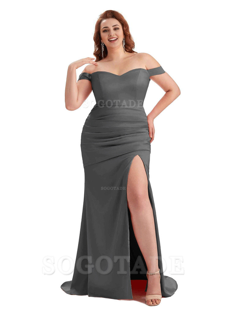 Sexy Mermaid Off The Shoulder Side Slit Soft Satin Long Plus Size Wedding Party Dresses