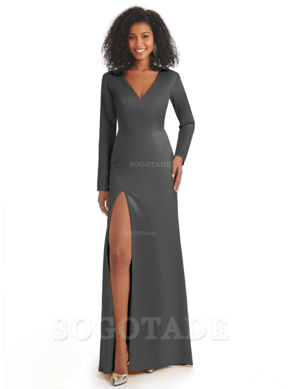 Soft Satin Side Slit Long Sleeves V-Neck Long African Mermaid Bridesmaid Dresses Elegant Evening Party Dress