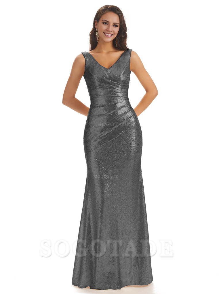 Sexy Sequin V-Neck Sparkly Long Mermaid Bridesmaid Dresses Charming Evening Party Dress
