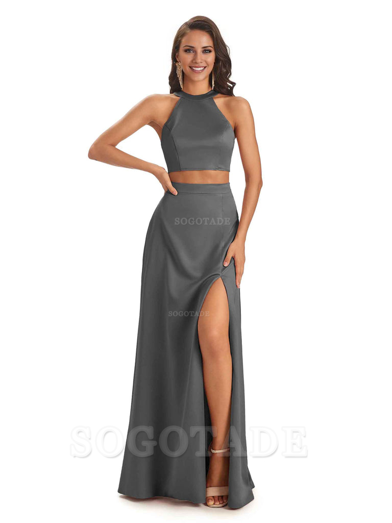 Soft Satin Two-Pieces Halter Side Slit Sexy Fashion Bridesmaid Dresses Charming Evening Party Dress