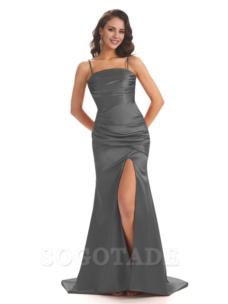 Sexy Mermaid Modern Bridesmaid Dresses Satin Spaghetti Straps with Side Slit Charming Evening Party Dress