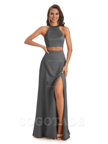 Soft Satin Two-Pieces Halter Side Slit Sexy Fashion Bridesmaid Dresses Charming Evening Party Dress