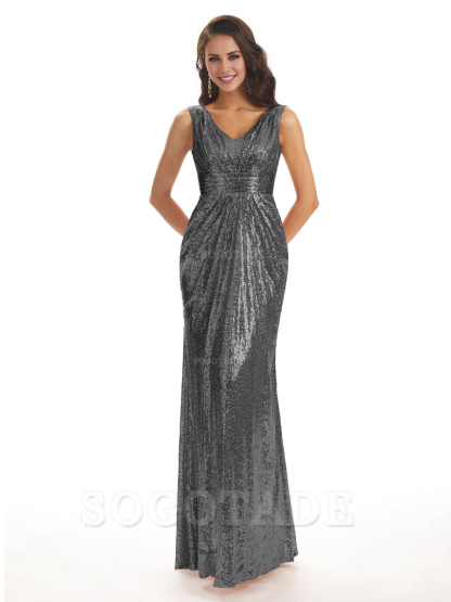Sparkly V-Neck Sequin Long Mermaid Bridesmaid Dresses Sleeveless Charming Evening Party Dress