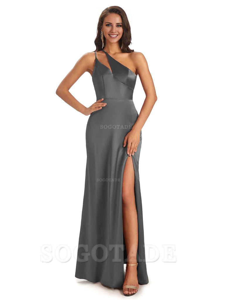 Sexy Soft Satin Side Slit One Shoulder Floor-Length Mermaid Long Bridesmaid Dresses Elegant Evening Party Dress