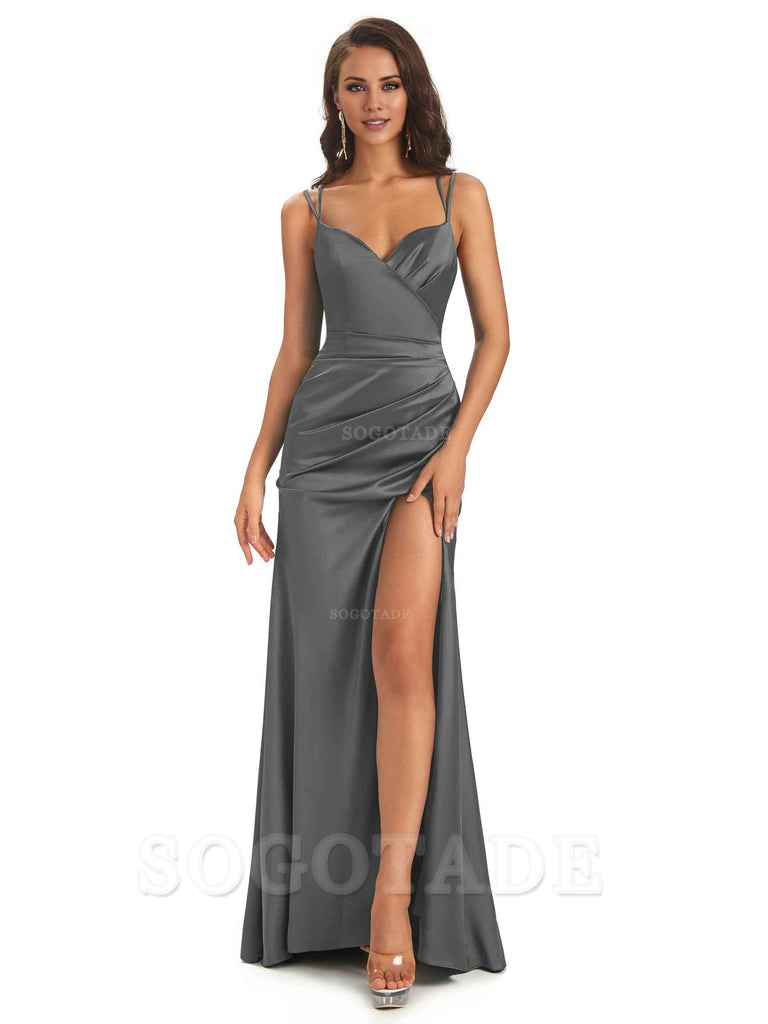 Sexy Soft Satin Side Slit Spaghetti Straps Long Maxi Mermaid Bridesmaid Dresses Elegant Evening Party Dress