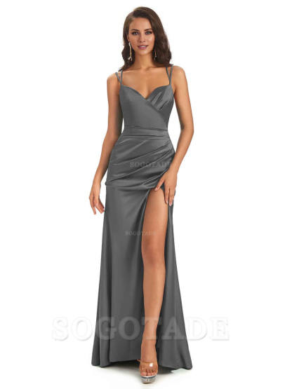 Sexy Soft Satin Side Slit Spaghetti Straps Long Maxi Mermaid Bridesmaid Dresses Elegant Evening Party Dress