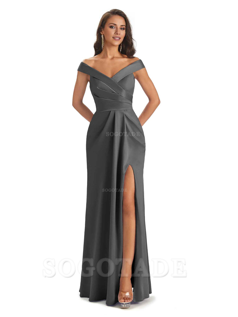 Sexy Soft Side Slit Off Shoulder V-Neck Long Satin Ladies Bridesmaid Dresses Elegant Evening Party Dress
