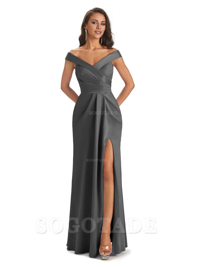 Sexy Soft Side Slit Off Shoulder V-Neck Long Satin Ladies Bridesmaid Dresses Elegant Evening Party Dress
