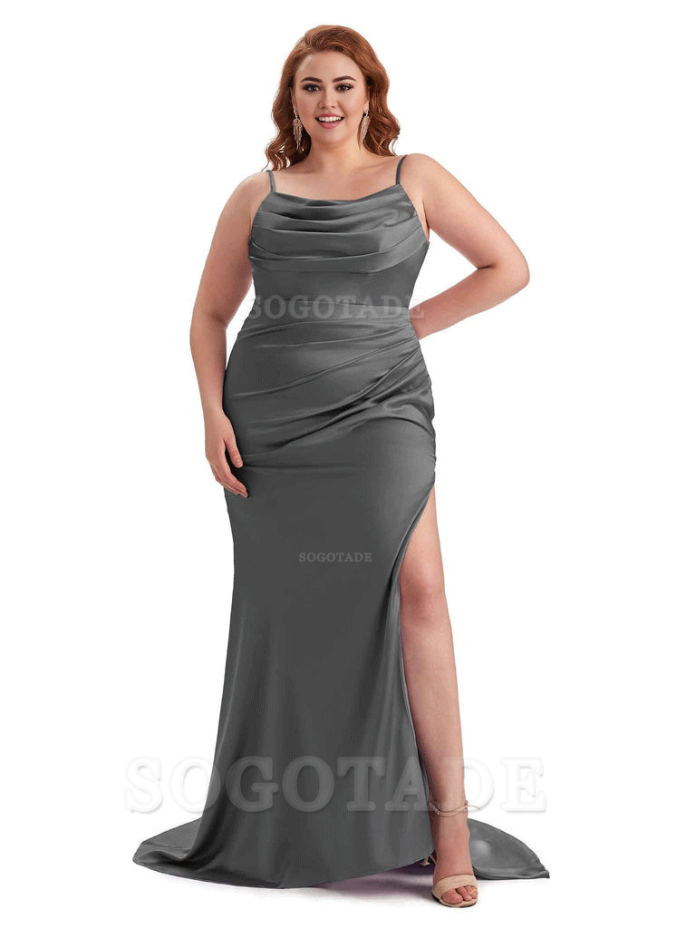 Sexy Jewel Side Slit Mermaid Soft Satin Long Plus Size Bridesmaid Dress For Wedding