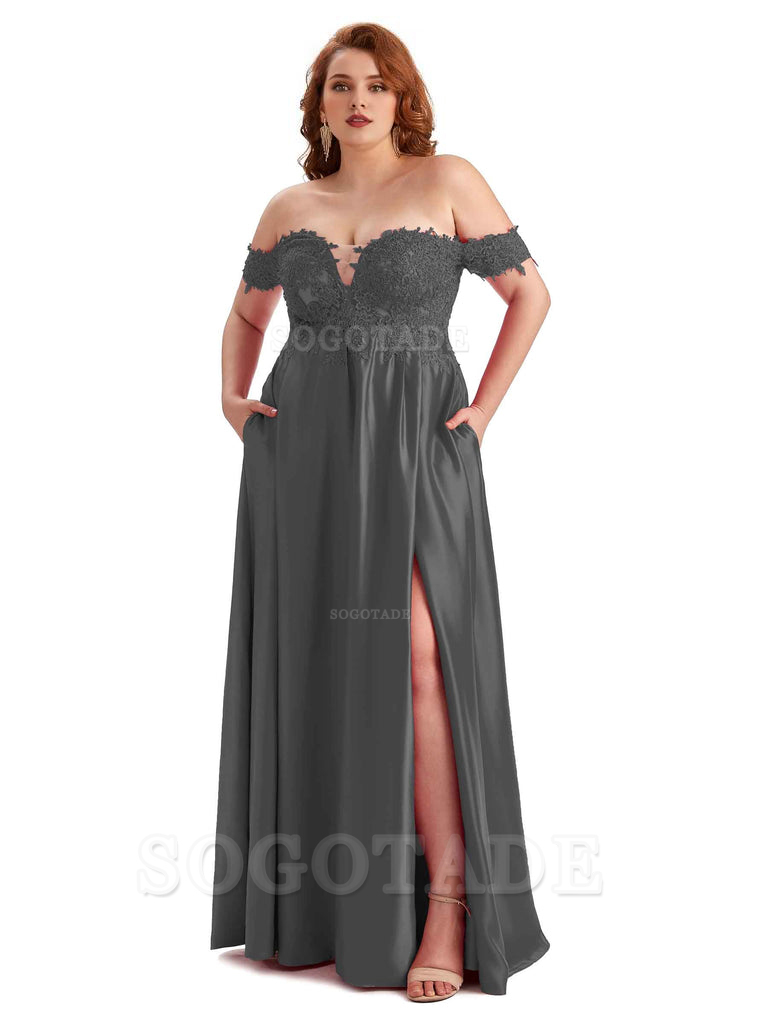 Off Shoulder Side Slit Lace Soft Satin Long Plus Size Bridesmaid Dresses For Wedding