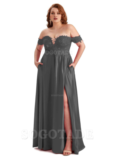 Off Shoulder Side Slit Lace Soft Satin Long Plus Size Bridesmaid Dresses For Wedding