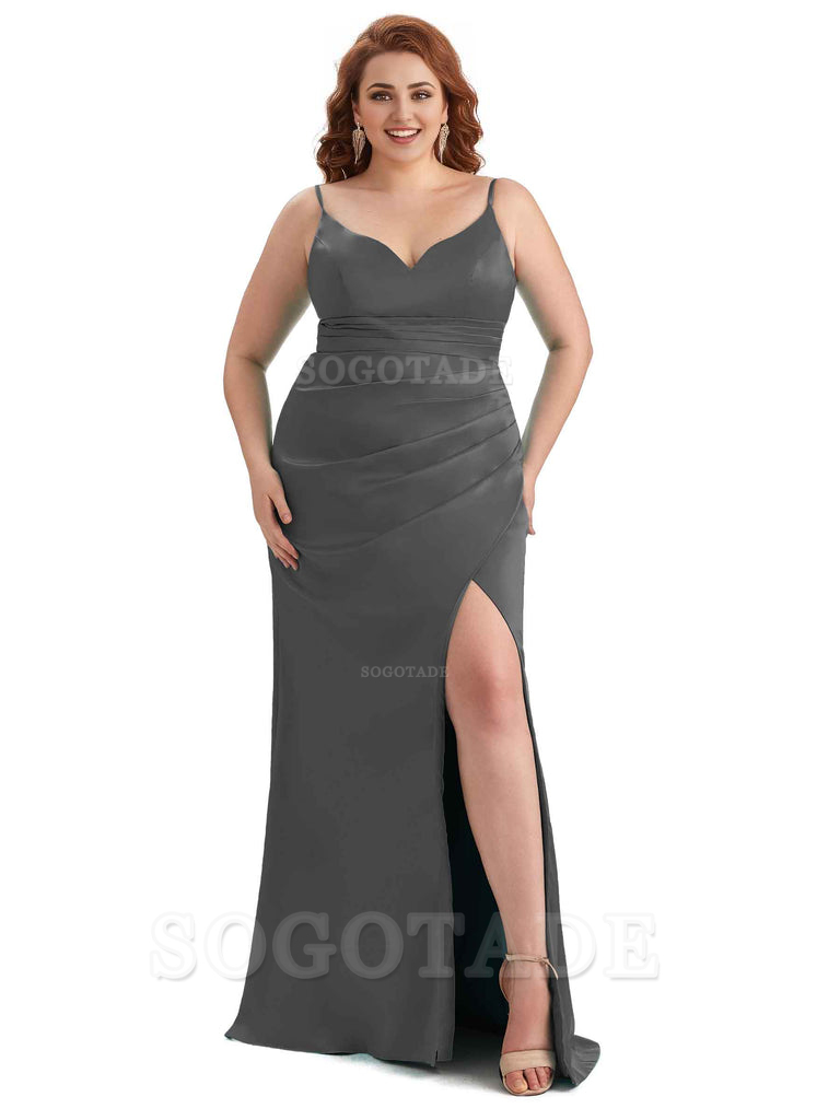 Sexy Side Slit Spaghetti Straps Mermaid Soft Satin Long Plus Size Maid of Honor Dresses